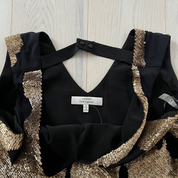 $595 ROBERT RODRIGUEZ Gold Sequin Black MINI SILK Cocktail DRESS ( 2 ) - Picture 4 of 6